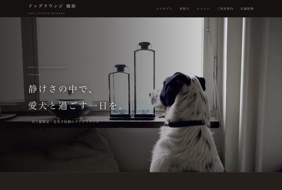 ドッグラウンジ 琥珀のホームページ。窓辺にすわる犬の写真の上に、白い文字でキャッチコピーが入っている